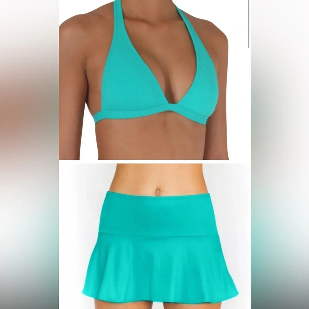 S & M Skirt With Attached Bottom & top Sea Green Solid Pualani Bikini Beachwear - Picture 1 of 12